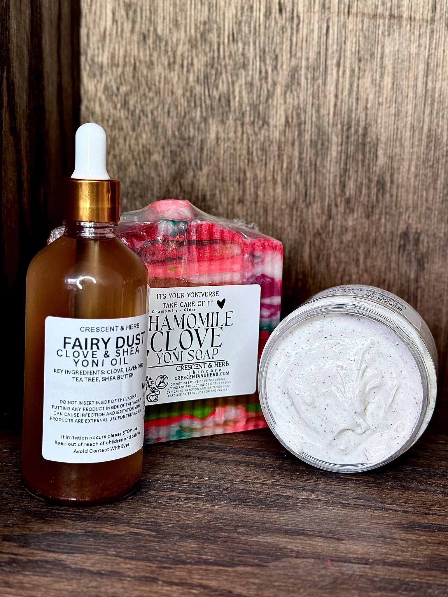 YONI TRIO BUNDLE ( CHAMOMILE CLOVE YONI SOAP, FAIRY DUST CLOVE & SHEA YONI OIL , FAIRY DUST CLOVE YONI BUTTER )