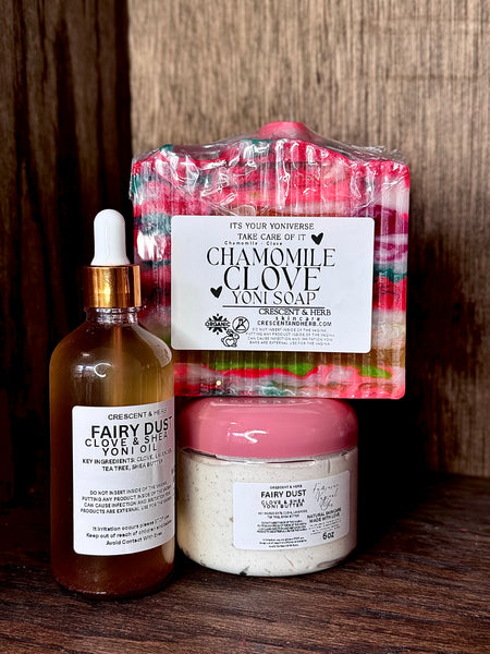 YONI TRIO BUNDLE ( CHAMOMILE CLOVE YONI SOAP, FAIRY DUST CLOVE & SHEA YONI OIL , FAIRY DUST CLOVE YONI BUTTER )